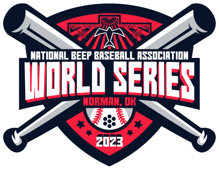 Two bats crossed in front of a red shield.  Across middle of bats it says "National Beep Baseball Association World Series Norman, OK".  Below lettering is a beep baseball with 2023 below it with stars on either side..  Above lettering is a Red-Tailed Hawk, which is a symbol of power, courage, and strength. It's often considered a symbol of strategy and a guiding spirit for humans.