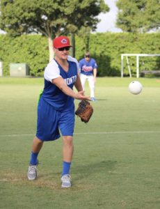 Paul Kerins with the Toronto Blind Jays pitching to players.