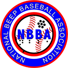 The NBBA patch. Starts with a red outer ring. A blue ring is inside of the outer layer. In the the next layer, the words National Beep Baseball Association starts on a clock face at the 6 position with National and moves clockwise. Beep begins at the 9 position, Baseball between 11 and 1 on the clock face and Association between the 2 and 5 positions. The letters are a combination of red and blue. In the center, of the patch is a white ball with the letters "NBBA" in print and braille.