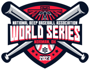 Two bats crossed in front of a red shield. Across middle of bats it says "National Beep Baseball Association World Series Norman, OK". Below lettering is a beep baseball with 2023 below it with stars on either side.. Above lettering is a Red-Tailed Hawk, which is a symbol of power, courage, and strength. It's often considered a symbol of strategy and a guiding spirit for humans.