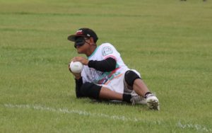 San Antonio Jets' Ricky Castaneda lays out while completing a play in the outfield.