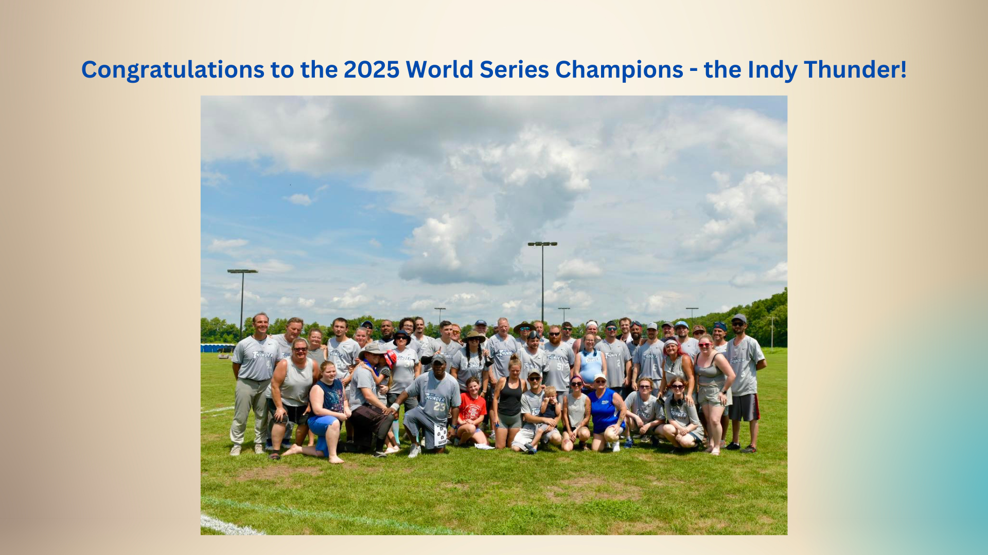 2025 World Series logo on cream background.  It has the lettering "National Beep Baseball Association World Series St. Louis Metro Area, July 20-26, 2025 in red and blue.  Peeking out the left side is a beep baseball, on the right side is a red/blue outline of Missouri and Illinois.
